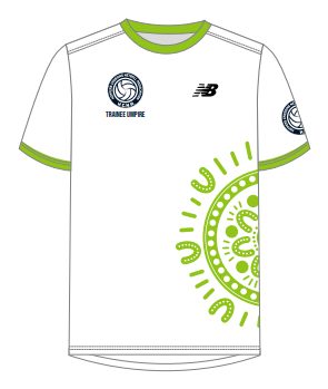 HCNA green trainee umpire shirt with Indigenous artwork